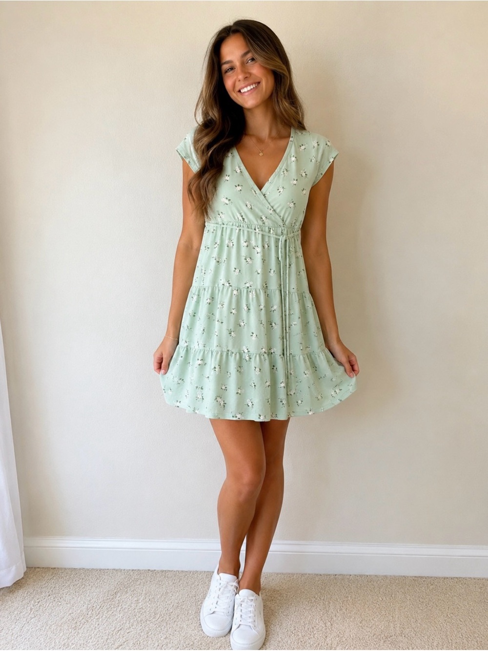 Hollister Mint Green Floral Wrap Tiered Mini Dress Cottagecore